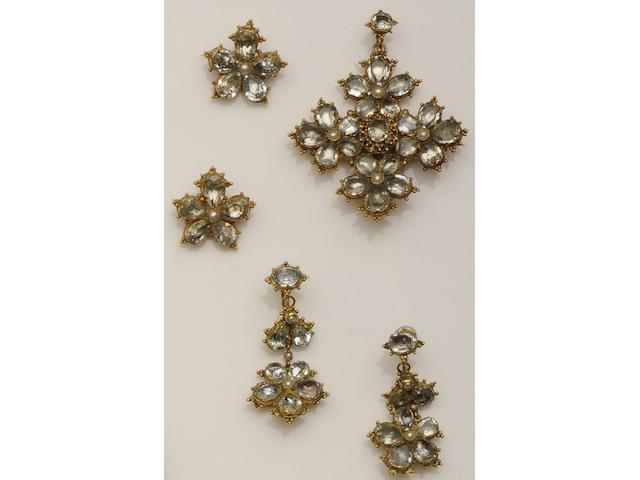 A 19th century aquamarine and half pearl pendant, brooch and earpendants suite
