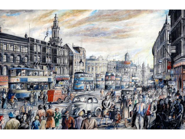Geoffrey Jenkinson (British, born 1925) 'Leeds Yorkshire', Boar Lane - a bustling street with figures and trams