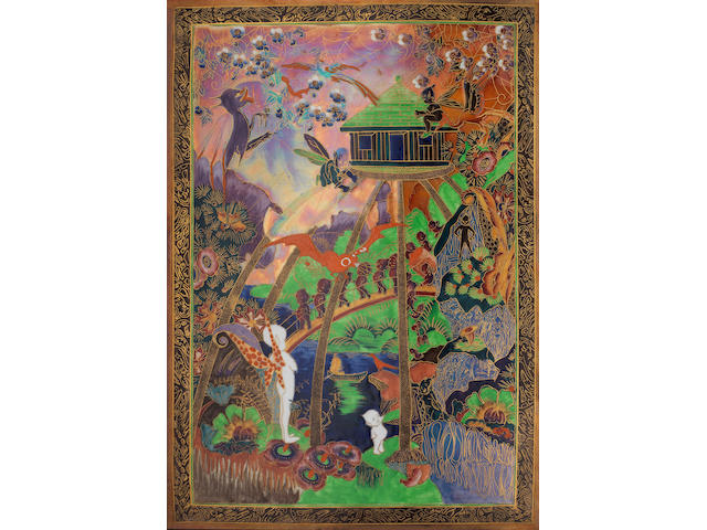 Daisy Makeig-Jones for Wedgwood 'Imps on a Bridge and Tree House' an Important Flame Fairyland Lustre Plaque, circa 1926