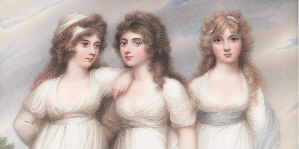 Henry Bone, R.A. (British, 1755-1834) 'The Three Graces', The Ladies Rushout: Anne (d.1849), Harriet (d.1851) and Elizabeth (1774-1862), standing together, wearing white muslin dresses; Harriet, centre, in semi embrace with Anne on her right, holding hands with Elizabeth on her left, wearing spotted gauze dress; Anne, wearing a white bandeau; Elizabeth, wearing a pale blue sash around her waist and left arm, her fair hair dressed with a strand of pearls