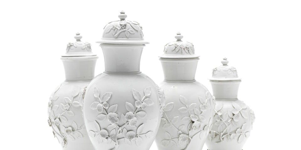 An extremely rare graduated set of four Meissen B&#246;ttger porcelain vases and four covers, circa 1715