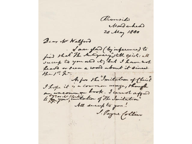 COLLIER (JOHN PAYNE) Collection of twelve autograph letters signed, to various correspondents, including Dickens's friend John Forster, 1835-1880