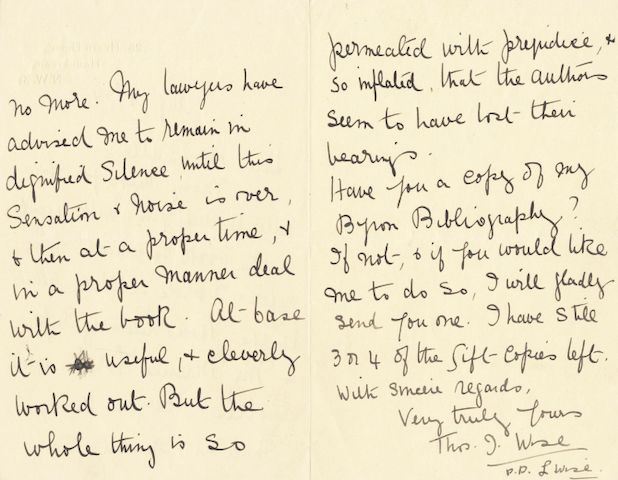 Bonhams Wise Thomas James Three Letters Written And Signed By Louie Wise On Behalf Of Her Husband Tho J Wise P P L Wise Two To The Philadelphia Collector Moncure Biddle One