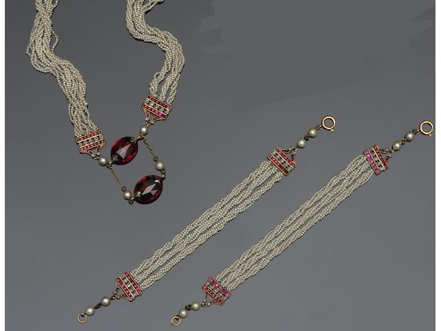 An early 20th century ruby, synthetic ruby, diamond and seed pearl sautoir and double bracelet suite (3)