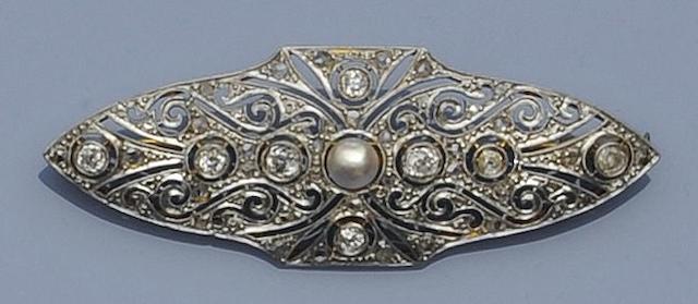 A diamond and half pearl panel brooch