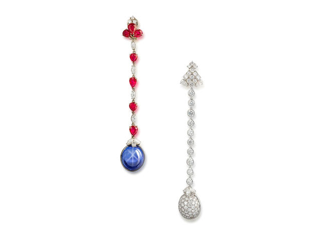 A pair of star sapphire, ruby and diamond earrings, by Bulgari