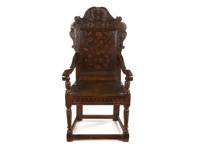 An unusually large James I/Charles I oak and marquetry panel-back armchair Leeds area, Yorkshire, circa 1620-40