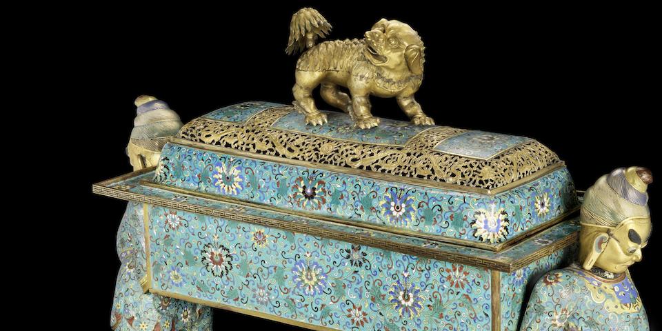 A magnificent and extremely rare monumental gilt-bronze and cloisonn&#233;-enamelled incense burner and cover Beijing Palace Workshops, Qianlong