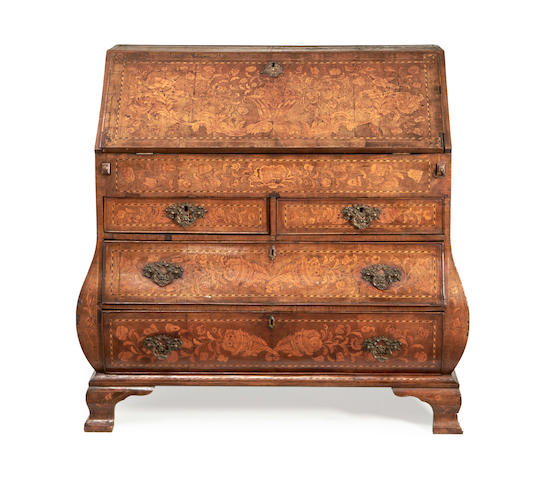 A Dutch mid 18th century walnut, chequer banded and marquetry bomb&#233; bureau