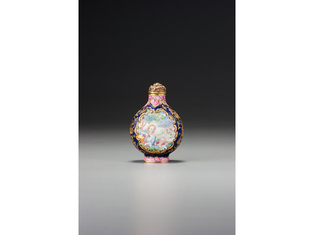 A 'famille-rose' enamel on copper with gold 'European figures' snuff bottle Imperial, Guangzhou, Qianlong black-enamelled four-character mark and of the period, 1736&#8211;1770