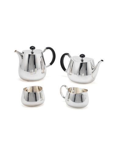 DESIGNED BY DAVID MELLOR: A silver Pride pattern four-piece tea service Marks for Walker & Hall, Sheffield, pots 1959 cream and sugar 1960, the with incuse pattern number 53718, also 25  (4)