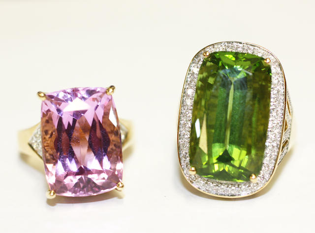 A peridot and diamond cluster ring and a kunzite and diamond dress ring, (2)