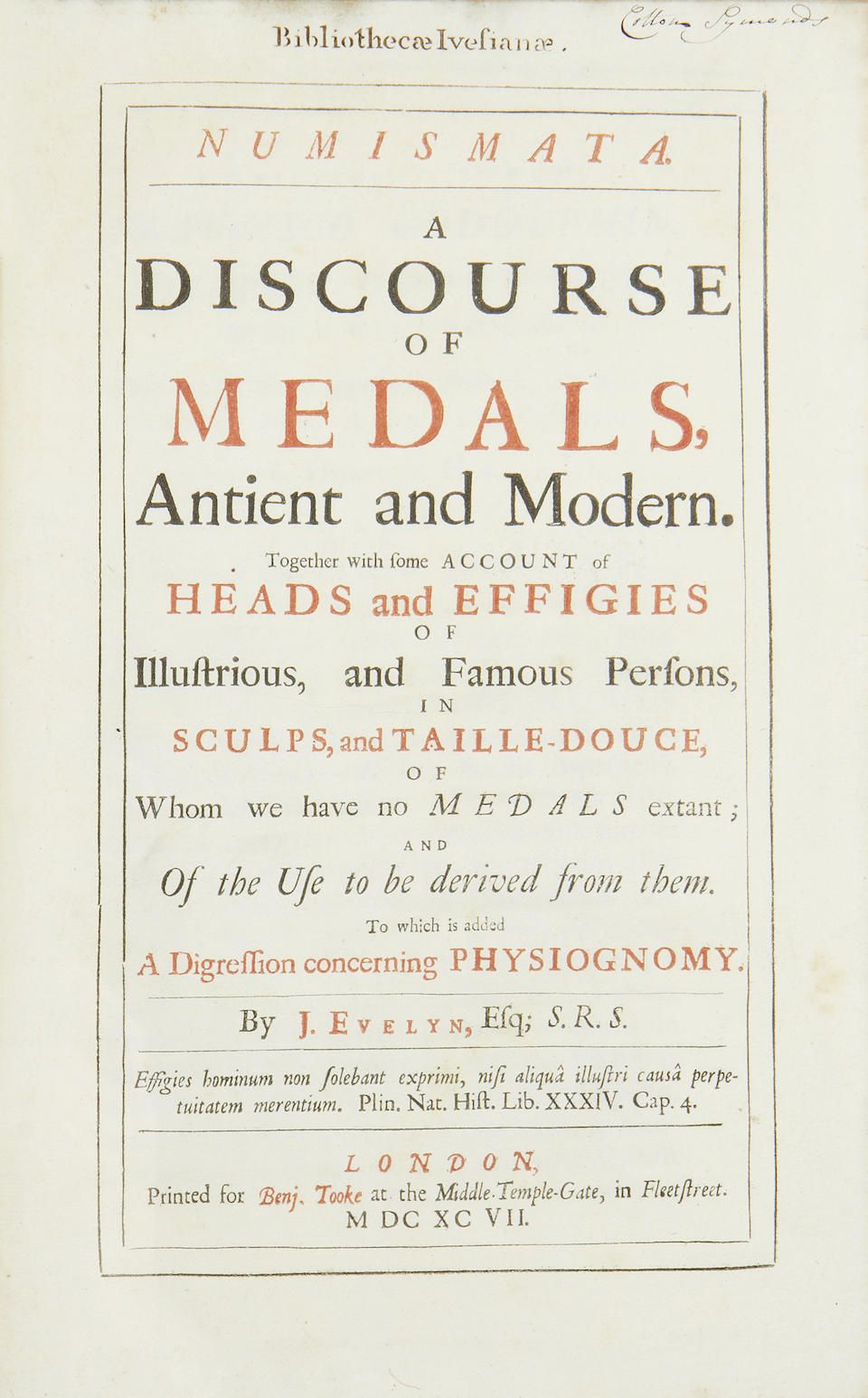 EVELYN (JOHN) Numismata. A Discourse of Medals, 1697