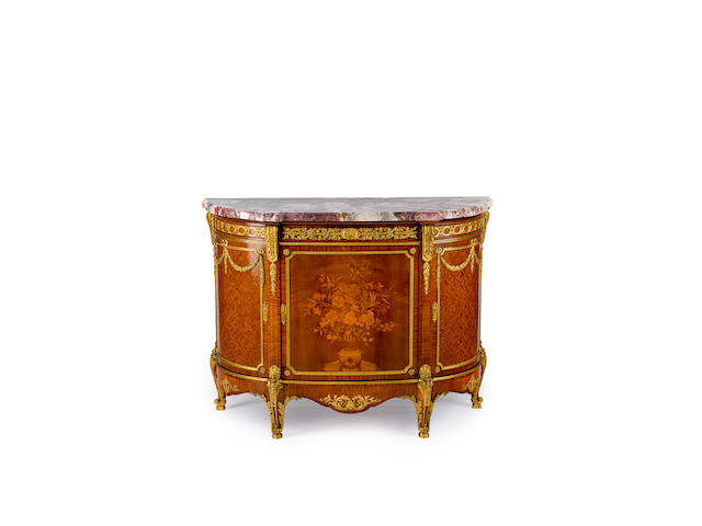 A French late 19th century Louis XV style satinwood, marquetry and gilt bronze mounted side cabinet