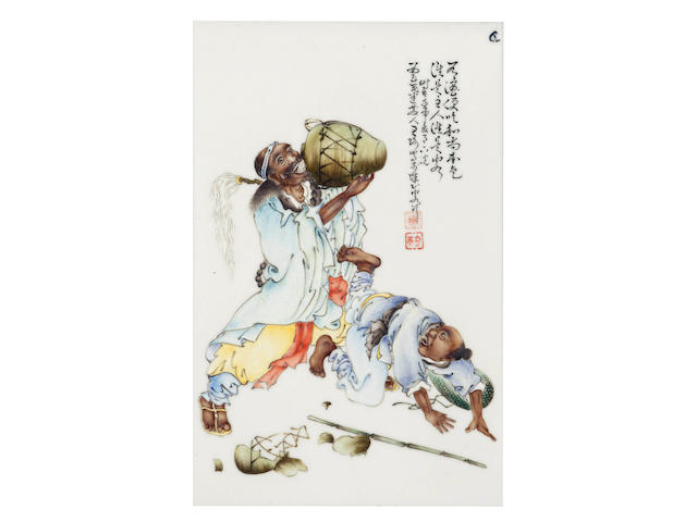 A framed enamelled rectangular plaque of a monk enjoying a bucket of wine Attributed to Wang Qi (1884 - 1937), Republic period