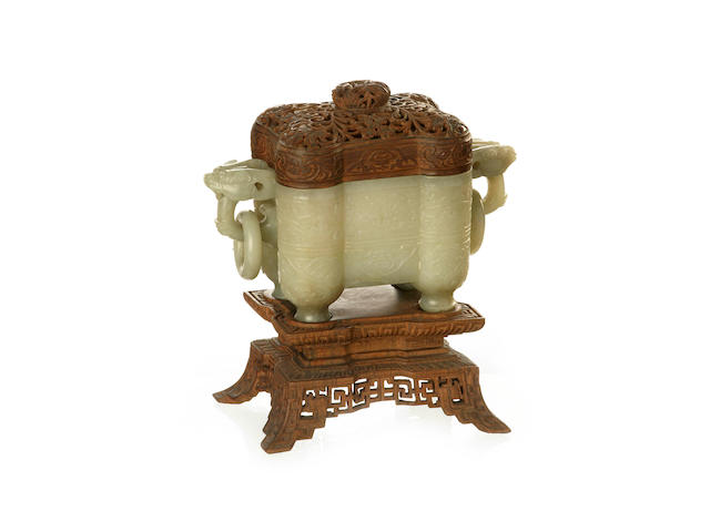 A pale green jade incense burner with wooden lid 20th century