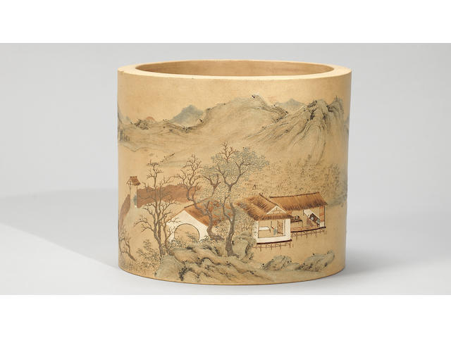 An Yixing stoneware slip-decorated brushpot Qianlong, signed Yang Jichu
