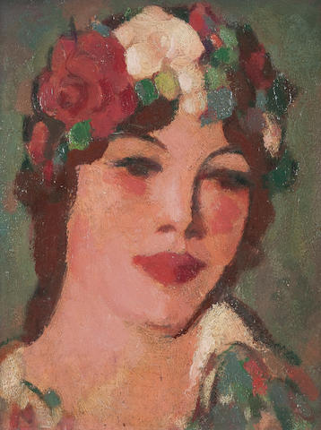 John Duncan Fergusson, RBA (British, 1874-1961) Head with White Rose 24.25 x 19 cm. (9 9/16 x 7 1/2in.)