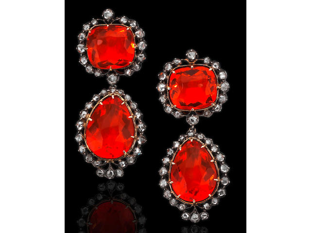 A pair of early 19th century fire opal and diamond earrings