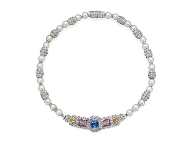 A cultured pearl and gem-set collar necklace