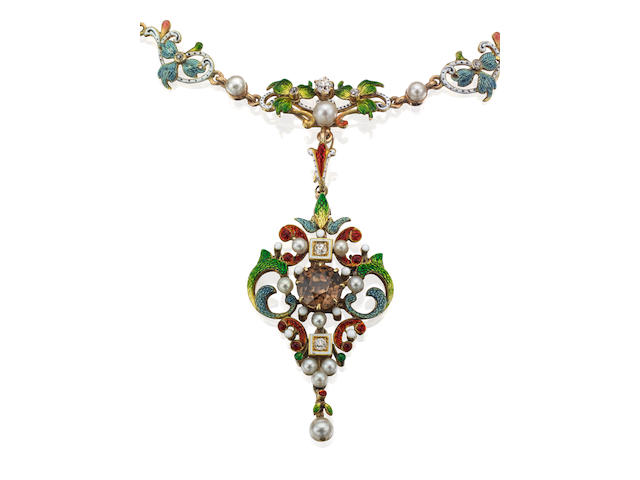 A gold, enamel, seed pearl, zircon and diamond pendant necklace, circa 1890
