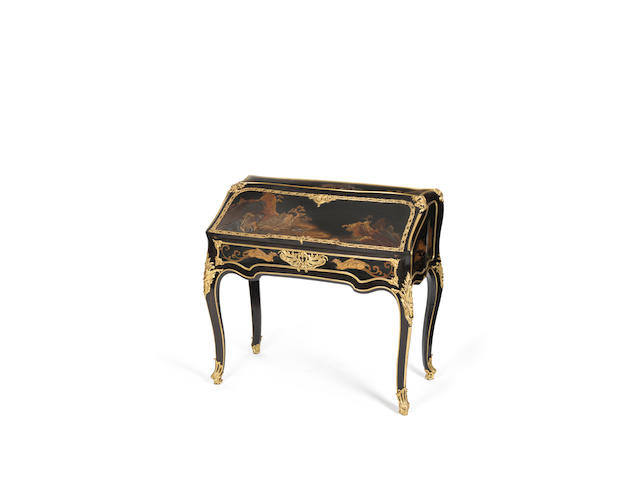 A rare French mid-19th century ebony and ebonised Japanese lacquer bureau &#224; dos d'&#226;nepossibly by Louis Auguste Alfred Beurdeley, Paris