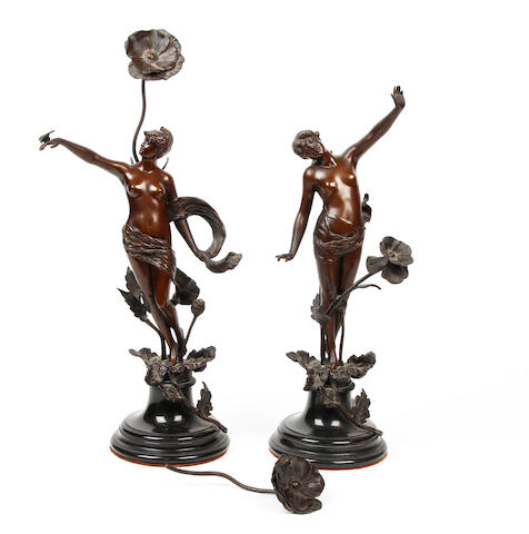 A pair of Art Nouveau bronze figures, French, circa 1900