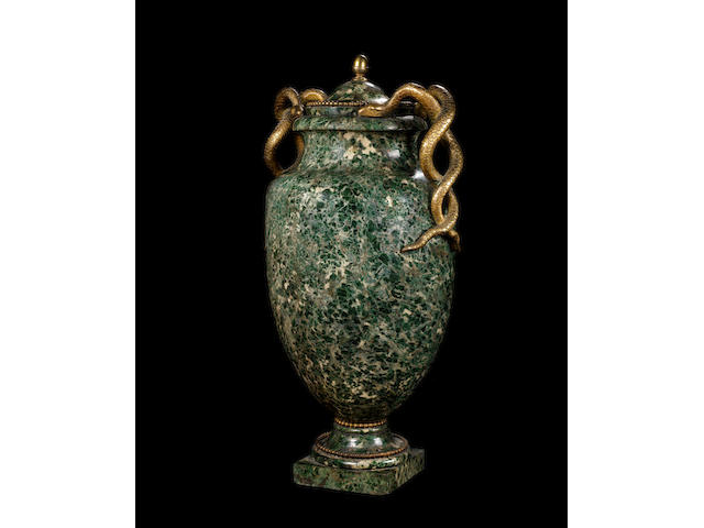A large Roman early 19th century ormolu-mounted Green marble vase and cover