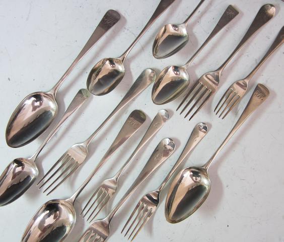 A composite canteen of Hanoverian flatware, mixed dates and makers, London 1795 - 1807
