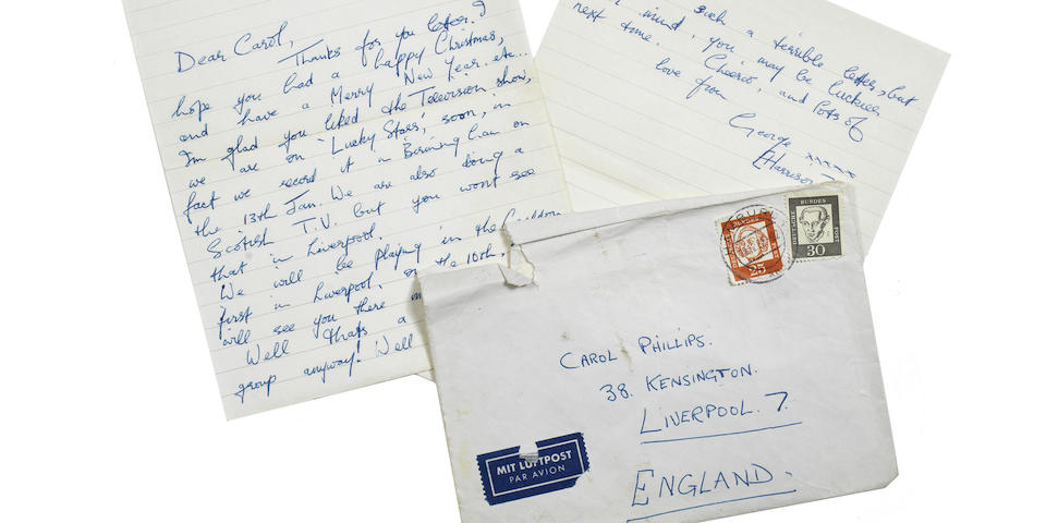 A letter from George Harrison, sent from the Star Club, Hamburg, dated 28/12/62,