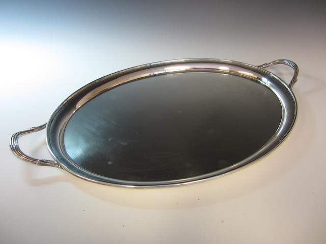 A silver oval two handled tray by Barker Ellis Silver Co, Birmingham 1970