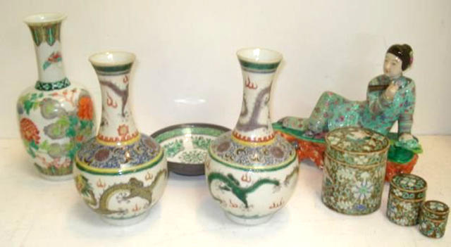 A pair of Chinese 'famille verte' baluster vases, painted with dragons chasing flaming pearls, 22cm, and six other pieces of Chinese porcelain.