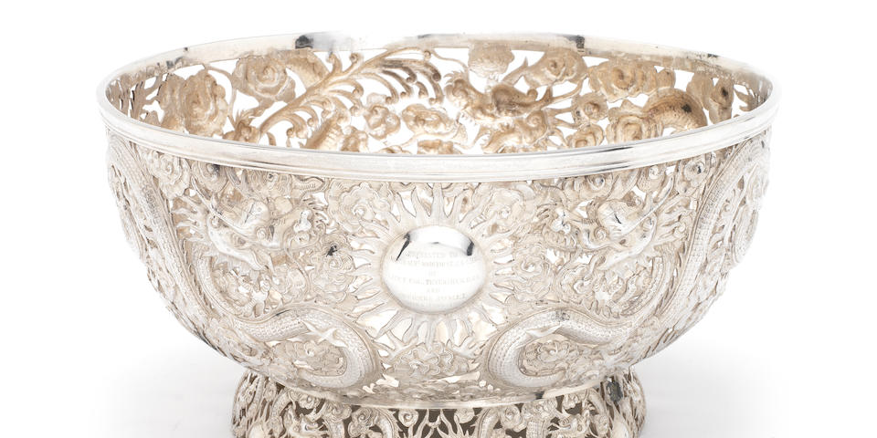 An impressive late 19th/early 20th century Chinese export pierced silver bowl by Wang Hing, also stamped '90' with character mark