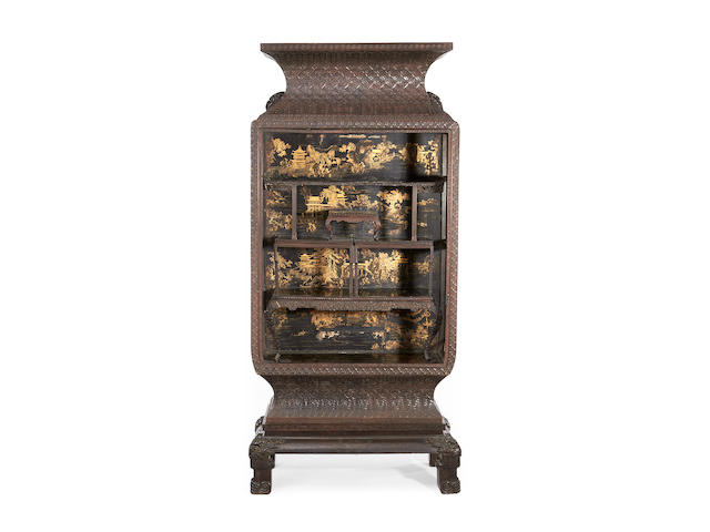 A Chinese 19th century hardwood and gilt decorated black lacquer display cabinet