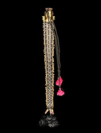 Bonhams : A ruby, emerald and pearl-set repousse gold Hair Braid Ornament  (Jadai Nagam) Tamil Nadu, 19th Century