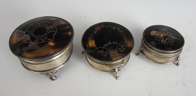 A silver and tortoiseshell circular jewellery box makers mark rubbed, Birmingham 1918  (3)