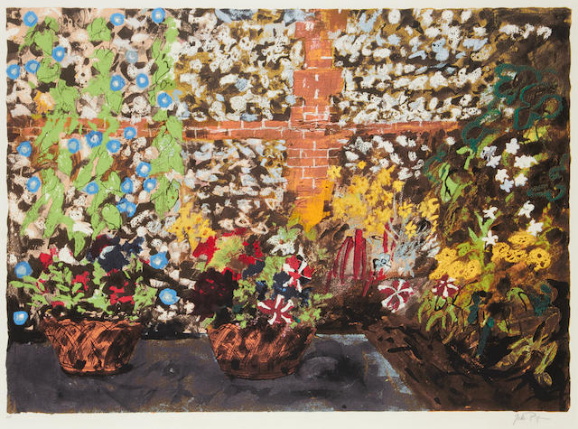 John Piper C.H. (British, 1903-1992) Terrace with Red Pots (Levinson 394) Screenprint in colours, 1987, on Arches, signed and inscribed 'A.P.' in pencil, aside from the edition of 70, printed by Kelpra Studio, London, published by Marlborough Fine Art, London, with margins,490 x 670mm (19 1/4 x 26 3/8in)(I)