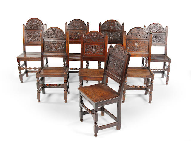 A harlequin set of eight Charles II oak backstools Southern Lancashire/North Cheshire, circa 1680