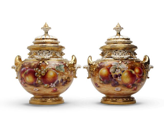 A very large pair of Royal Worcester fruit painted vases and covers, painted by Sally Wood Post War