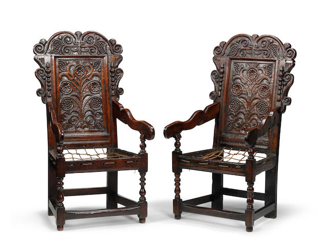 An extremely near pair of Charles II oak panel back armchairsSouth-West Yorkshire, circa 1670