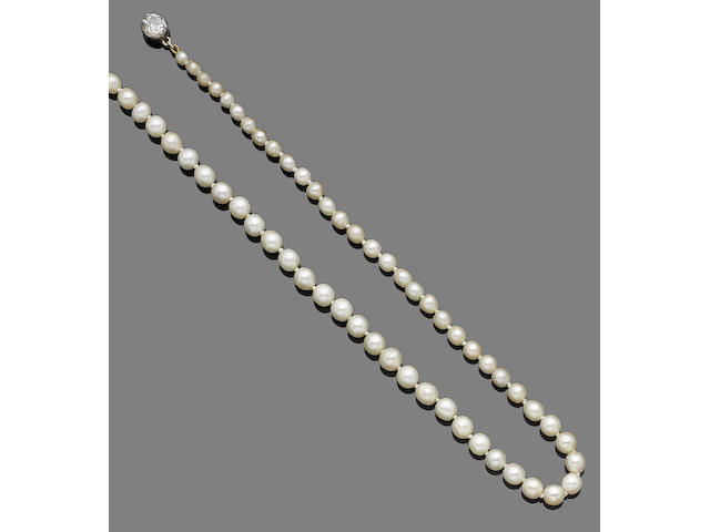 A natural pearl and diamond single-strand necklace