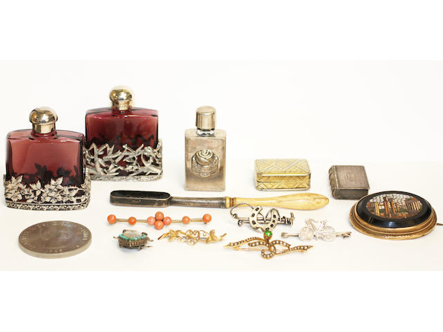 A collection of assorted jewellery, including a Victorian coral bead necklace, to gold barrel clasp, a two row cultured pearl necklace, a micro-mosaic panel brooch, a sapphire and cultured pearl hoop brooch, an Edwardian seed pearl and demantoid garnet bar brooch, a five stone diamond ring, a Georgian silver gilt vinaigrette, etc.