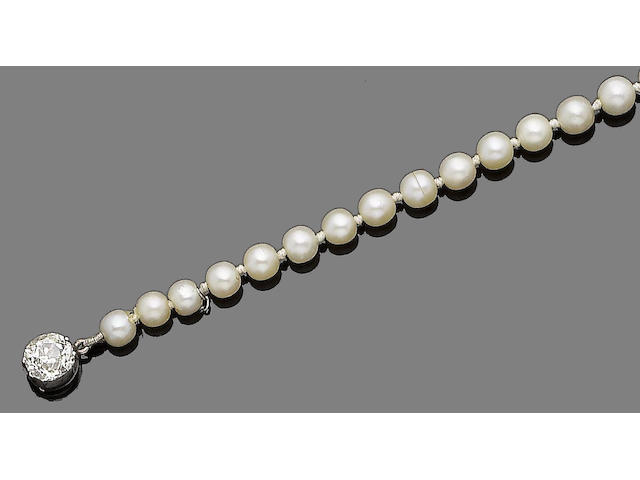 A natural pearl and diamond single-strand necklace