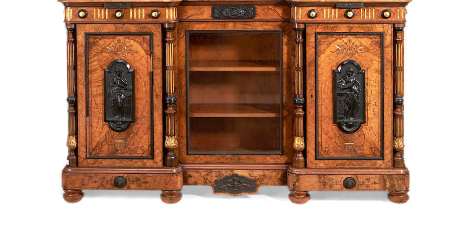 A mid Victorian Gutta-Percha mounted figured walnut and parcel gilt decorated inverted breakfront cabinet