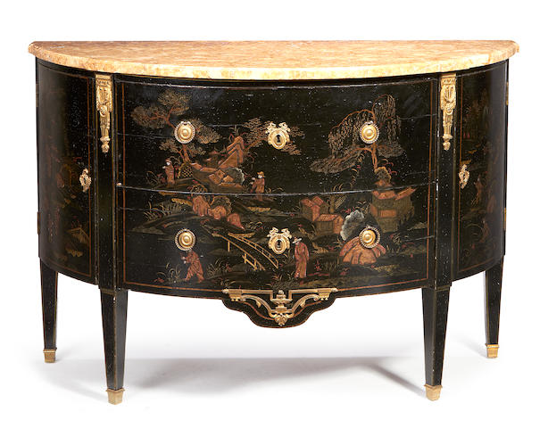 A French late 19th/early 20th century black and gilt japanned demi-lune commode in the Louis XVI style