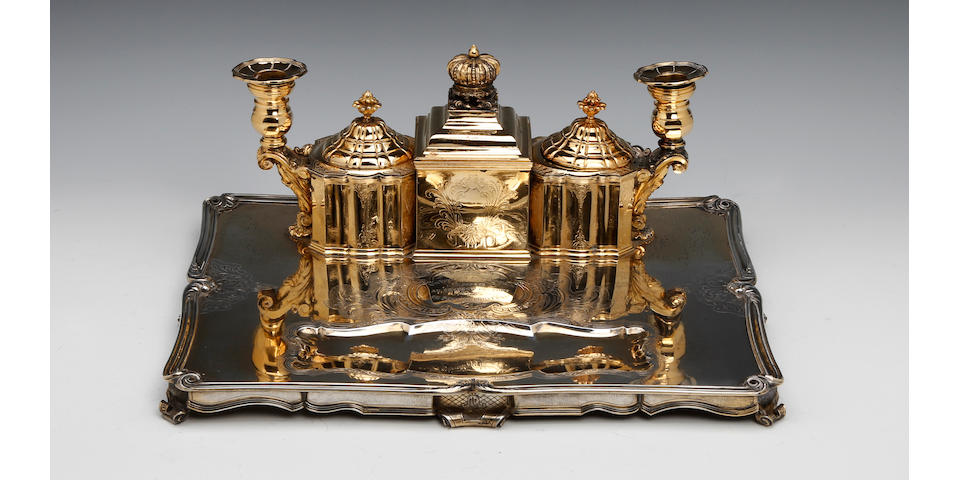 OF BELGIUM ROYAL INTEREST; A Belgium silver-gilt and silver presentation rectangular inkstand by Althenloh, Brusselles, circa 1918