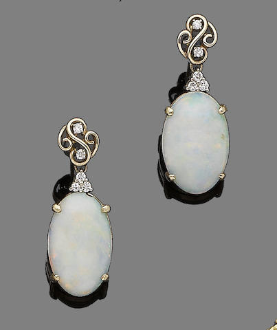 Bonhams : A pair of opal and diamond pendent earrings