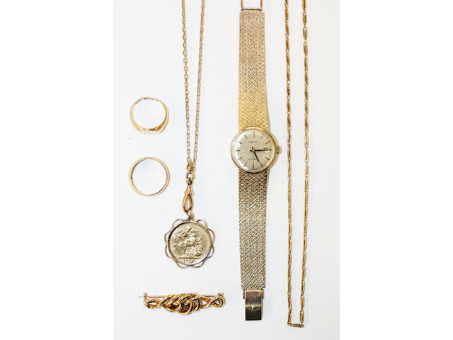 A small collection of assorted gold jewellery, comprising a 9ct gold lady wristwatch, by Longines, a Victoria sovereign, 1900, in pendant mount, on long belcher-link chain, a 22ct gold wedding band, an 18ct gold signet ring, a Victorian gold knot brooch and a fine fancy fetter-link chain
