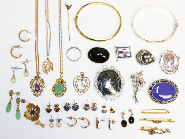 A collection of assorted jewellery, including a white gold mounted diamond floral spray brooch, a yellow gold ruby and diamond floral spray brooch, two Edwardian gem and seed pearl pendants on chains, a plain hinged bangle stamped '750', together with assorted brooches, chains and pairs of earrings.