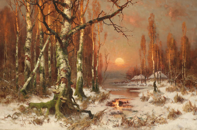 Yuli Yulievich  Klever (Russian, 1850-1924) Woodland sunset